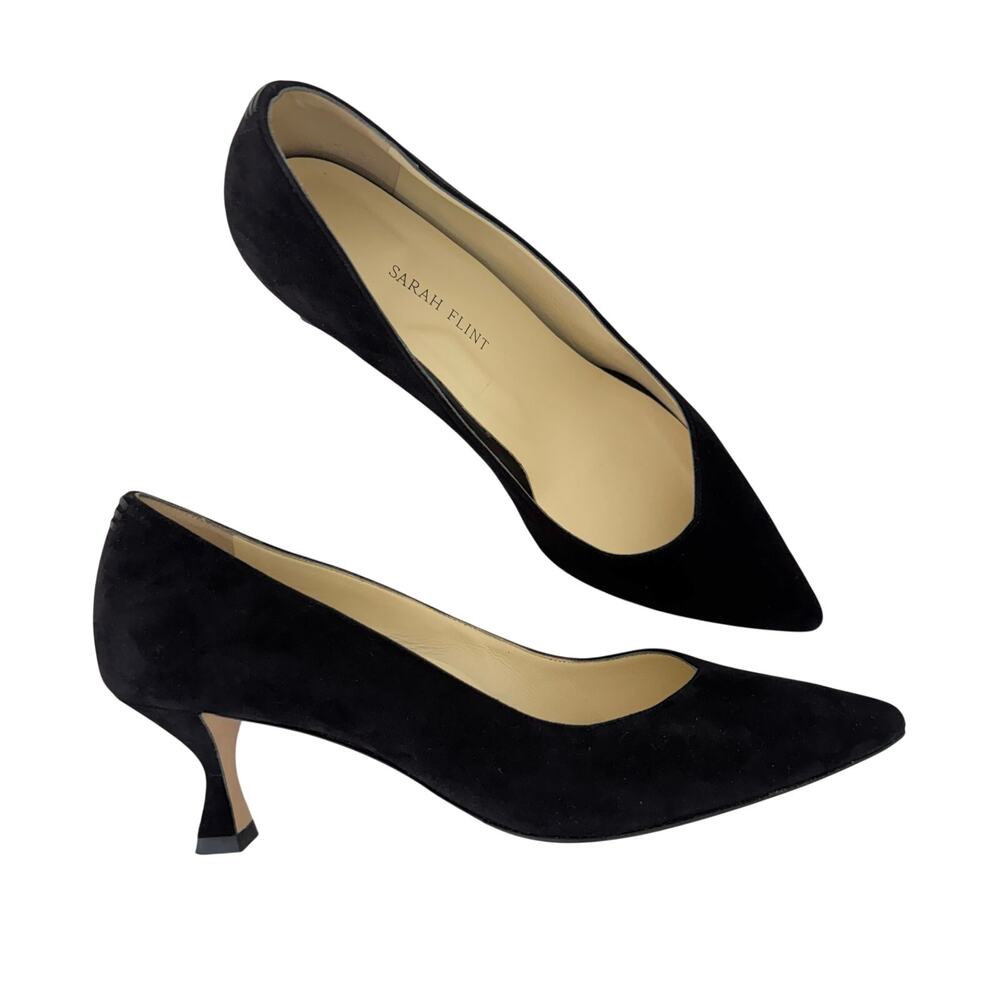 Sarah Flint Perfect Kitten Pump 50 Pointed Toe Black Suede 41.5 Comfort Low Heel